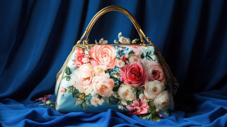 This image features a stunning floral handbag showcased against a rich blue fabric backdrop. The vibrant roses and intricate design highlight the artistry and elegance of this fashionable accessory.の素材