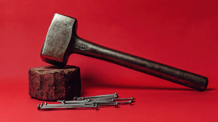 A heavy hammer rests on a rustic wooden block with scattered metal nails, set against a vibrant red background. Ideal for showcasing construction themes.の素材