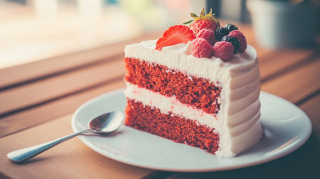 A beautifully presented slice of red velvet cake topped with fresh berries and creamy frosting, perfect for any celebration or gathering.の素材