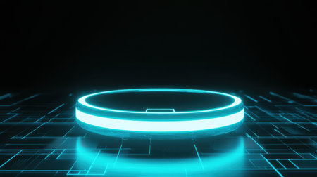 This image showcases a futuristic digital pod with glowing edges set against a dark background, perfect for representing innovative technology concepts.の素材