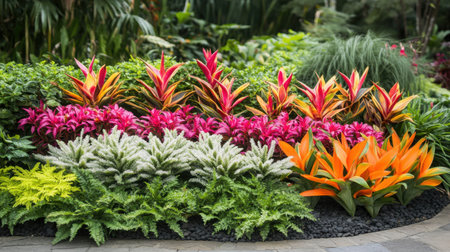 This striking image showcases a vibrant garden bed featuring an assortment of tropical plants, creating a lively and colorful atmosphere perfect for nature lovers.の素材