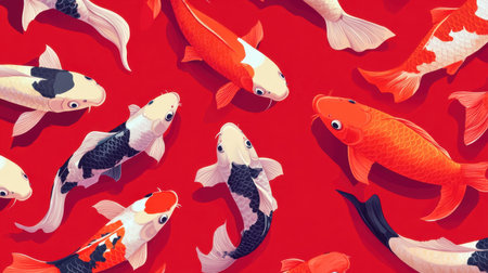This illustration features a stunning array of colorful koi fish gracefully swimming across a vivid red background, showcasing intricate details and textures.の素材