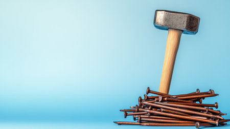 A classic hammer rests on a pile of wooden nails against a soft blue background. This image symbolizes construction, craftsmanship, and DIY projects.の素材