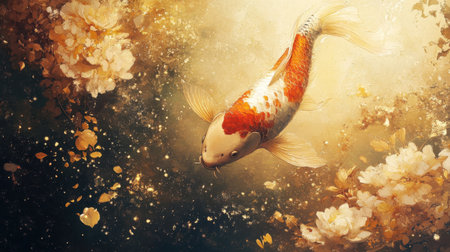 A stunning artwork featuring a koi fish gracefully swimming amidst flowers in a serene pond. Golden sparkles and soft light enhance the tranquil atmosphere.の素材