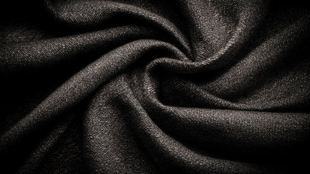 This close-up image features a swirling black fabric texture, highlighting its intricate details and smooth surface. Ideal for fashion and design projects.の素材