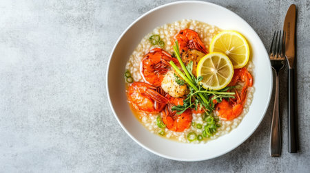 A vibrant dish featuring succulent shrimp garnished with lemon slices and fresh herbs, served elegantly in a white bowl on a textured gray background.の素材