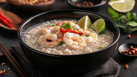 This vibrant image showcases a bowl of creamy shrimp congee garnished with lime wedges and fresh herbs, perfect for any meal.の素材