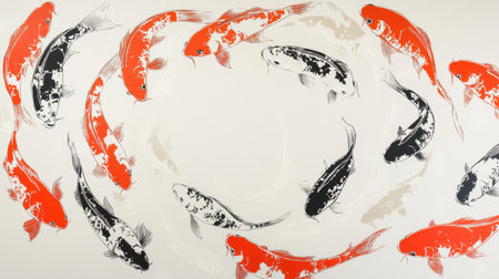 This artwork features elegant koi fish swimming in a circular formation, showcasing vivid colors and intricate patterns against a light background.の素材