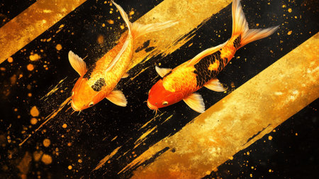 This stunning artwork features vibrant orange koi fish swimming against a striking gold splash background, creating a serene and artistic atmosphere.の素材