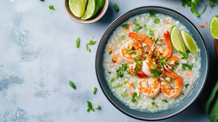 This beautiful bowl of shrimp congee features tender shrimp and vibrant green herbs, garnished with fresh lime, perfect for any meal.の素材