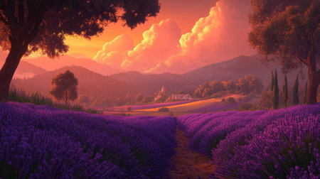 This stunning landscape features expansive lavender fields bathed in warm sunset hues, showcasing a tranquil rural scene with mountains and trees.の素材
