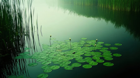This tranquil image depicts water lily pads floating on a calm lake at dawn, shrouded in mist, surrounded by lush green reeds, creating a serene atmosphere.の素材