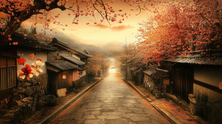 A tranquil scene depicting a quiet village during spring, showcasing blooming cherry trees, a picturesque road, and serene mountain backdrops.の素材
