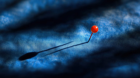 A bright red pushpin stands out against a blue fabric surface, casting a soft shadow. The artistic lighting creates a vivid and minimalist composition.の素材