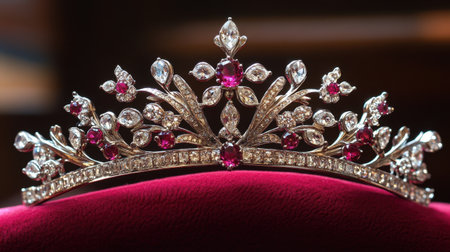 This stunning crown features exquisite diamonds and vibrant rubies, resting elegantly on a rich red velvet surface, creating a luxurious royal ambiance.の素材