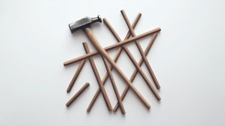 A visually appealing arrangement of a hammer and wooden sticks on a clean white background, perfect for showcasing tools used in crafting and construction projects.の素材