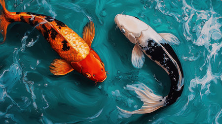 Two vibrant koi fish swim gracefully in turquoise water, showcasing striking colors and patterns. The serene scene captures aquatic beauty and tranquility.の素材