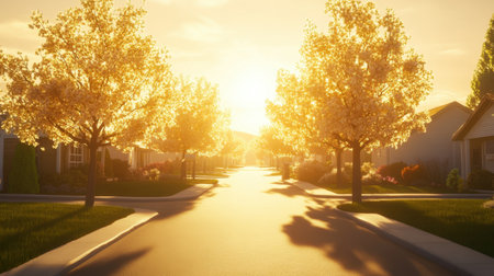 A stunning view of a peaceful residential street framed by golden autumn trees under a warm sunset, creating a serene and picturesque atmosphere perfect for nature lovers.の素材