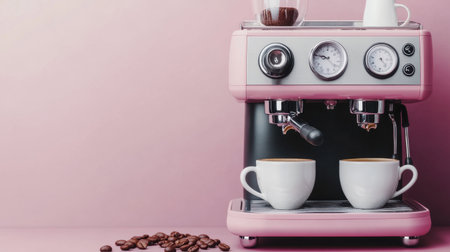 A stylish pink espresso machine sits on a soft pink background, offering elegance and charm. Two cups are ready for fresh espresso, while coffee beans add a cozy touch.の素材