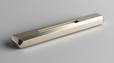 This image features a modern metal object with a sleek, geometric design, emphasizing minimalist aesthetics and sophisticated craftsmanship on a neutral background.の素材