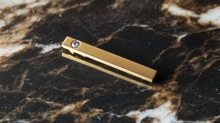 This image features an elegant gold tie clip embellished with a diamond, beautifully displayed on a luxurious dark marble surface, embodying sophistication.の素材