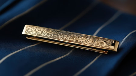 A beautifully crafted gold tie clip featuring an intricate floral design, elegantly placed on a dark blue fabric. Perfect for formal occasions or business settings.の素材