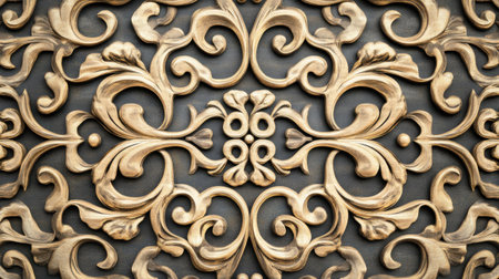 This close-up image showcases an intricate ornate carved wooden texture featuring elegant floral patterns in gold and brown tones, perfect for decor inspiration.の素材