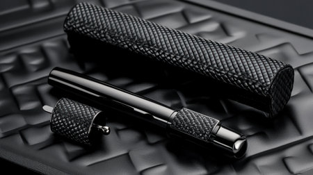 A sleek black pen along with a textured leather case resting on a dark surface, showcasing elegance and sophistication ideal for professional settings.の素材