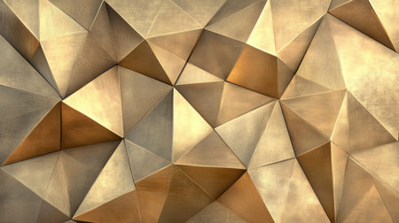 This abstract geometric wall features an elegant array of triangular shapes in varying golden tones. Perfect for modern design and artistic backgrounds.の素材