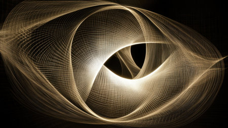 This captivating abstract image features dynamic light swirls in golden hues against a dark background, creating a mesmerizing visual experience.の素材