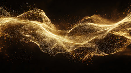 This mesmerizing image captures golden waves of light dancing across a dark background, evoking elegance and motion perfect for creative projects.の素材