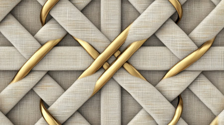This image showcases a detailed woven textile design featuring elegant golden cross-stitch patterns set against soft beige tones. The intricate craftsmanship and modern aesthetic make it ideal for home decor or fashion applications.の素材