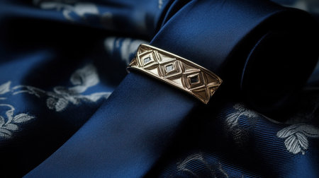 An elegant gold jewelry piece contrasts beautifully against rich blue satin fabric featuring delicate floral designs, perfect for fashion enthusiasts.の素材