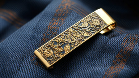 This stunning golden tie clip features intricate floral engravings, showcasing exceptional craftsmanship. Set against a luxurious blue fabric, it epitomizes elegance and style for any formal occasion.の素材