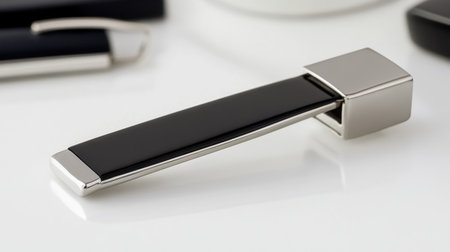 This image showcases a sleek and modern pen featuring a glossy black finish and polished silver accents. Perfect for highlighting elegance in writing instruments.の素材