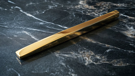 A striking golden bar rests elegantly on a dark marble surface, reflecting light and adding a touch of luxury. This image captures the essence of modern design aesthetics, highlighting sophistication and beauty. Perfect for showcasing decor and premium products.の素材