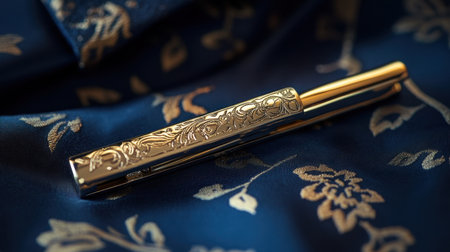 This stunning gold-plated pen rests on luxurious fabric, showcasing intricate floral patterns, perfect for enhancing writing experiences and adding elegance to any workspace.の素材