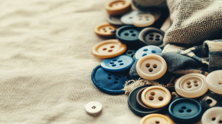 A vibrant assortment of colorful buttons lies on a soft fabric surface, showcasing a variety of shapes and colors, perfect for craft projects and sewing.の素材