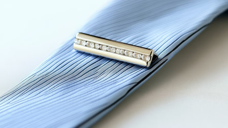A close-up view of an elegant cufflink positioned on textured blue fabric, highlighting the luxury and sophistication of men's formal accessories.の素材