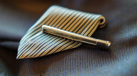 Close-up of a sleek pen gracefully placed on a stylish striped tie, illustrating the intersection of professionalism and elegance for corporate settings.の素材