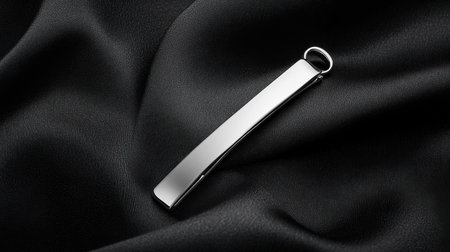This image features a sleek silver tie clip elegantly resting on luxurious black fabric. The shiny metallic surface and smooth lines create a sophisticated accessory perfect for enhancing formal attire.の素材