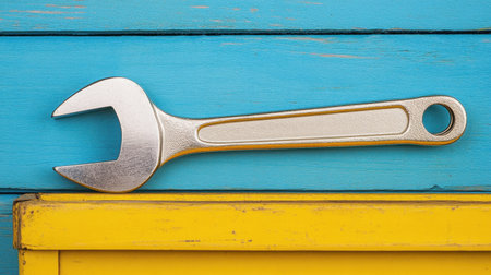 A silver adjustable wrench rests elegantly against a vibrant blue and yellow wooden background. Perfect for themes of repair or tools, this image captures the essence of craftsmanship and maintenance work in a colorful setting.の素材