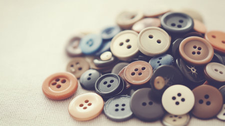 A visually appealing pile of vintage sewing buttons featuring a variety of colors and styles on a soft, neutral background. Perfect for craft projects!の素材