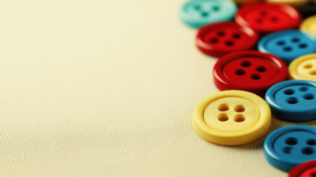A vibrant assortment of colorful buttons sprinkled across a light fabric background, perfect for sewing enthusiasts, DIY projects, and creative crafts.の素材