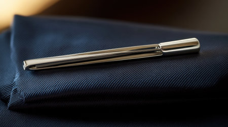 A stunning close-up of a silver pen elegantly placed on a dark textured fabric, capturing the interplay of light and shadow, symbolizing sophistication.の素材
