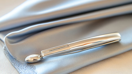 This image showcases an elegant silver pen resting on a soft blue fabric surface, highlighting its craftsmanship and reflection, ideal for office and writing inspirations.の素材