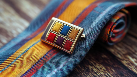A close-up shot featuring a colorful tie clip resting on a beautifully patterned tie. The image showcases textures and vibrant colors perfect for style enthusiasts.の素材