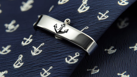 This elegant silver tie clip features a detailed anchor design, perfectly complementing its nautical patterned tie fabric, ideal for formal occasions.の素材