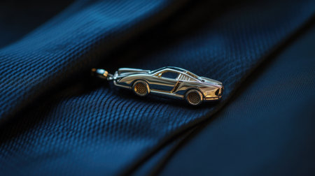 A sleek silver car keychain elegantly rests on textured fabric, capturing the essence of luxury design. Perfect for lifestyle and product shots.の素材