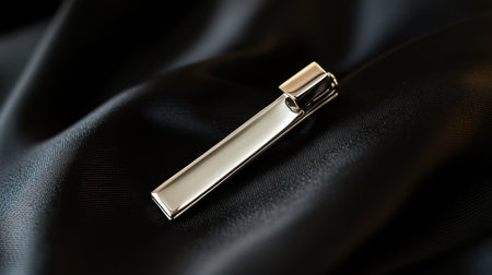 This elegant silver tie clip is beautifully showcased on a luxurious black satin fabric, highlighting its refined design and polished finish, perfect for any formal occasion.の素材